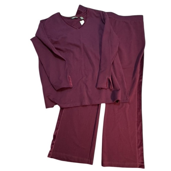 Eddie Bauer Womens XXL Velour Lounge Set Burgundy V Neck Top Wide Leg‎ Pants NWT - Picture 1 of 7